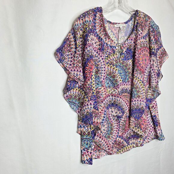 NOTATIONS Tiered Ruffle Front XL Short Flutter Sleeve Slinky Stretch Knit Top - Picture 7 of 11